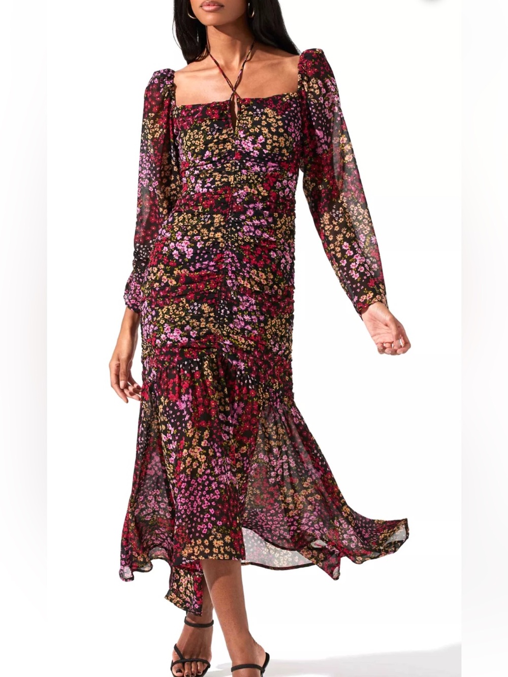 ASTR the Label Athena Floral Midi Dress, size L, black pink multicolor
